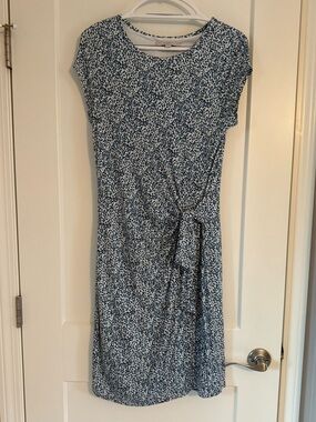 LOFT Petite Dress MP Blue White Print Side Tie Short Sleeve Casual Workwear